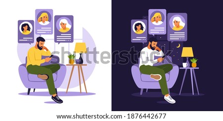 Man sitting on sofa with phone. Friends talking on phone day and night. Dating app, application or chat concept. Flat style. Vector illustration isolated on white.