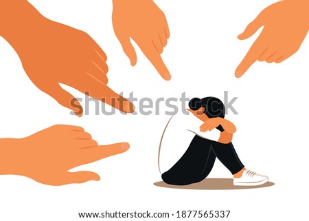 Hands of people point to the girl. Non-confident woman. Opinion and the pressure of society. Shame. Vector flat