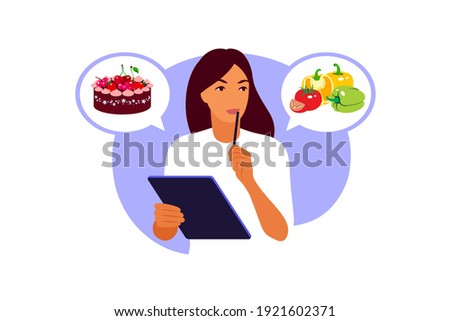 Lifestyle and nutrition concept. Woman choosing between healthy meal and unhealthy food. Vector illustration. Flat.