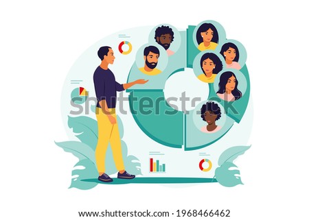 Audience segmentation concept. Man near a large circular chart with images of people. Vector illustration. Flat.