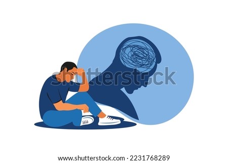 Depressed man sitting on floor. Mental health concept. Depression, bipolar disorder, obsessive compulsive, post traumatic stress disorder. Vector illustration.