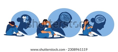 Depressed people sitting on floor and hugging knees. Mental health concept. Depression, bipolar disorder, obsessive compulsive, post traumatic stress disorder. Vector illustration.