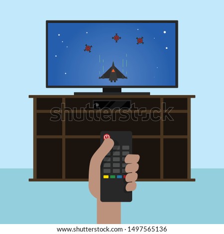 
person turning off the television on the dresser with spaceship movie with remote control