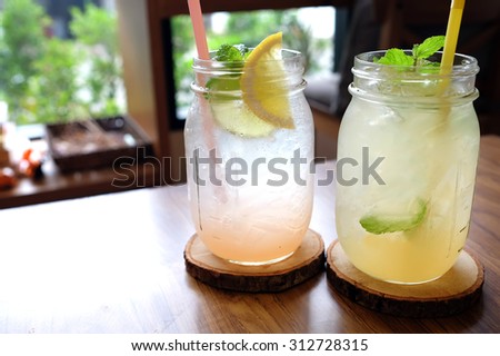 lemon soda and kiwi soda, selective focus