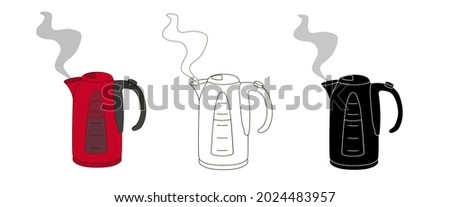 A set of closed electric kettles with water and steam - one red in cartoon style, another in outline style and a black silhouette of the kettle. Stock vector illustration isolated white background.