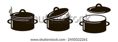 Set of three pots. The black silhouette of an open pan, half-open with steam and with a lid. Stock vector illustration isolated on a white background