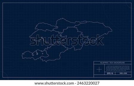 Kyrgystan Map with Blueprint Tech Style Background.