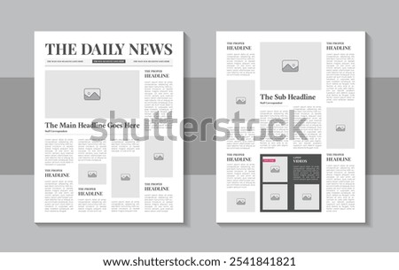 Print ready newspaper template layout design with headlines, illustrations, column articles, daily advertising, Newsprint design, magazine page or vintage newspaper design template layout