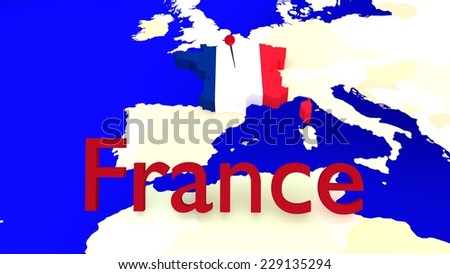 France is highlighted on an European Map, the flag is shown as a texture of the country outline and the country name is visible in front.