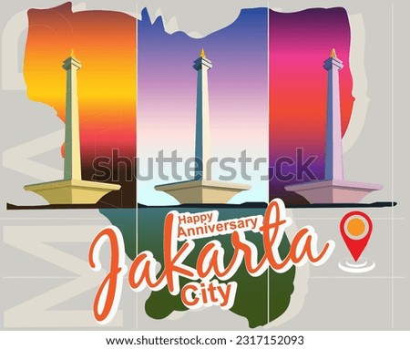 vector national monument monas Jakarta city indonesia happy anniversary day 3 image different colour background time and jakarta location map point background