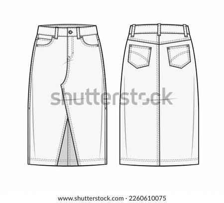 Denim Midi Skirt with five pockets. Front zip fastening, Hem with a front slit and seamless finish. front and back design. fashion illustration. fashion flat. apparel template. skirt Cad mockup 