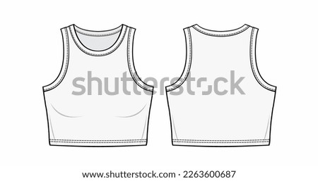 cropped tank top fashion technical drawing template. tank top Illustration. front and back view, white color, women, mockup.