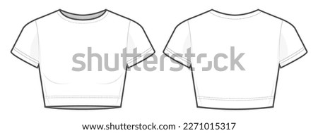 Fitted white cropped tee shirt flat technical fashion illustration. T-shirt fashion flat technical drawing template, front view, back view, white color, women, CAD mockup