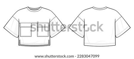 Oversized Cropped Short Sleeve T-Shirt fashion flat technical drawing template. With square cut patch breast pockets. Tshirt template front and back view, white color. Unisex. men, women. CAD mock-up.