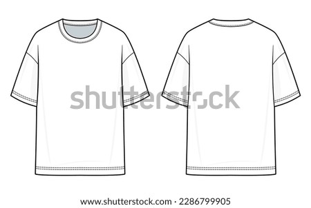 Oversized T-shirt fashion flat technical drawing template. Flat apparel, T-shirt fashion flat illustration. front and back view, white color, unisex, CAD mock set.