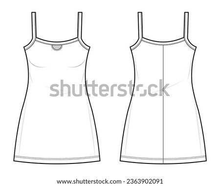 white Tank Top Slip Mini Dress technical fashion illustration. Tank Top Slip Mini Dress vector template illustration. front and back view. slim fit. Dress Camisole, women's. CAD mockup template set.