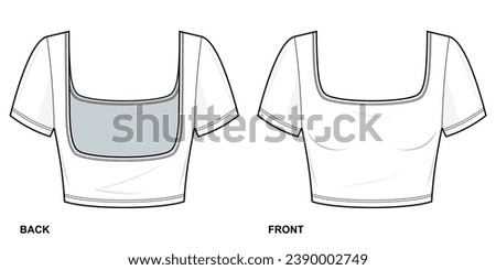 Backless slim fit T-shirt flat technical fashion illustration. Fitted tee shirt fashion flat technical drawing template, crop, square neckline. front view, back view, CAD mockup set.