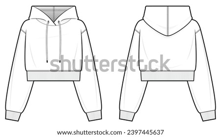Crop Hoodie technical fashion illustration. hoodie vector template illustration. front and back view. Crop. drop shoulder. unisex. white colour. CAD mockup.