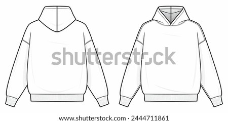 Hoodie technical fashion illustration. hoodie vector template illustration. front and back view. Regular fit. drop shoulder. unisex. white color. CAD mockup.