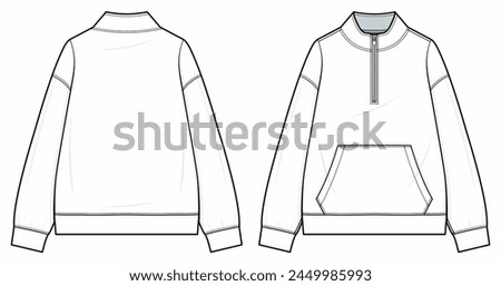 14 zip pullover Technical fashion illustration. Quarter-zip pullover vector template illustration. front and back view. stand collar. zip placket, drop shoulder. kangaroo pocket. CAD mockup.