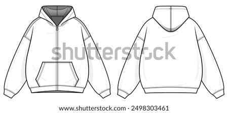 Hoodie Jacket technical fashion illustration. hoodie vector template illustration. Front zipper. front and back view. oversized. drop shoulder. unisex. white color. CAD mockup set