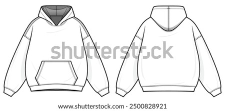 Hoodie with Full Sleeves technical fashion illustration. hoodie vector template illustration. front and back view. oversized. drop shoulder. unisex. white color. CAD mockup set.