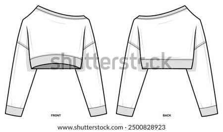 asymmetric one side off shoulder long sleeve top technical fashion illustration. Long sleeve vector template illustration. front and back view. Relaxed fit. drop shoulder. Women. white. CAD mockup set