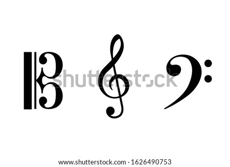 Vector illustration of a bass F-clef, treble G-clef, alto C-clef. Signs of musical alliteration. Black sings on a white background. Elements for design. Symbols of a musical staff clefs.
