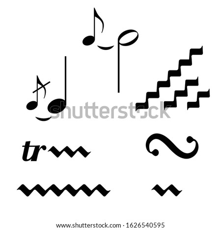 Vector symbols of musical alliteration ornament. Monochrome black signs on a white background. Elements for design. Textbook for students and music schools.