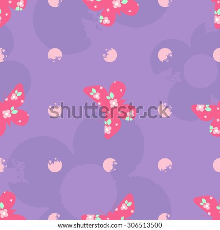 Vector seamless pattern with butterflies and flowers. Purple, pink, green colors.