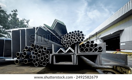 Similar – Image, Stock Photo Stacked up, rusty metal barrels are reflected in puddle
