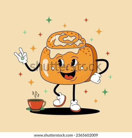 Comic flat glazed Cinnabon with face on decorated background. Vector cartoon illustration in groovy retro style with bakery. Square image of cute cinnamon roll character with smile for poster or flyer