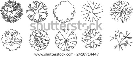 set of flat designs of architectural trees, top view with 