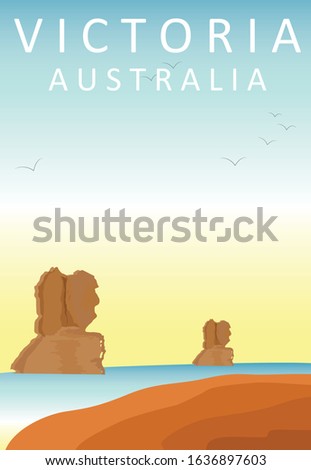 Flat Illustration. Awesome beach view on Great ocean road, Victoria . Enjoy the travel. Around the world. Quality vector poster. Australia.