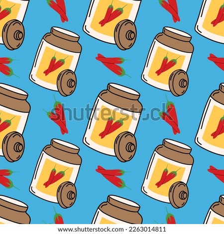 Indian pickle jar doodle seamless pattern isolated on blue background , mirchi aachar jar  doodle , chilli pickle jar for packaging , wallpaper 