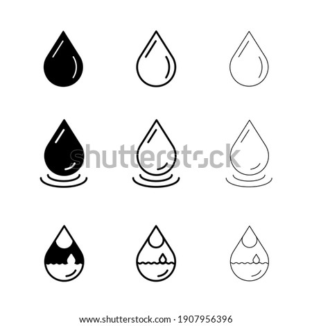 Set of water drop icons shot in 9 different thicknesses. Glowing water icon with water drop. Flat art modern vector icon illustration.