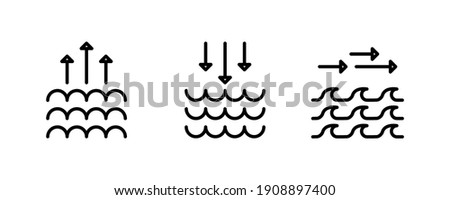 Air pressure change of different sea waves with the same line thickness. Factors such as northeastern and blackland change the direction of the waves. 3-piece set of modern sea icons.