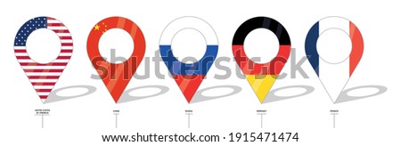 Country flag location sign. United States of America, Chine, Russia, Germany and France flag icons. Flags of countries with check-ins. Vector icon of simple forms of point of location.