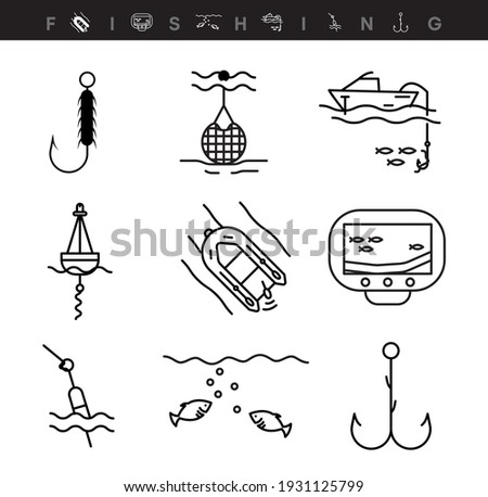 Icon set of fishing apparatus. This icon is a fish finder, needle, buoy, boating and boat fishing icon symbol. Editable icon set. Fishing club or online web shop creative vector line art.