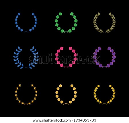 Different wreath colored icon set. Circular and one award, heraldry wreath. Collection of wreaths depicting success, victory, crown, winner, ornate, vector icon illustration.