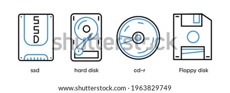 SSD, hard disk, cd-r and floppy disk icon set. This symbol is the symbol set for computer parts. Colorful disk icon. Editable Stroke. Logo, web and app.