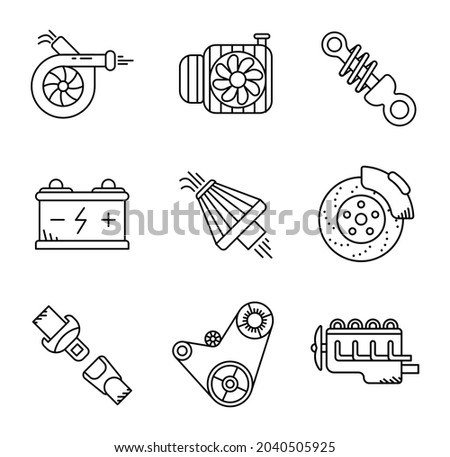 Vehicle engine cooling fan, engine belt, battery, belt, brake pad, air filter, car turbo and suspension, icon set. Car parts line icons. Automobile production icon set. Linear set.
