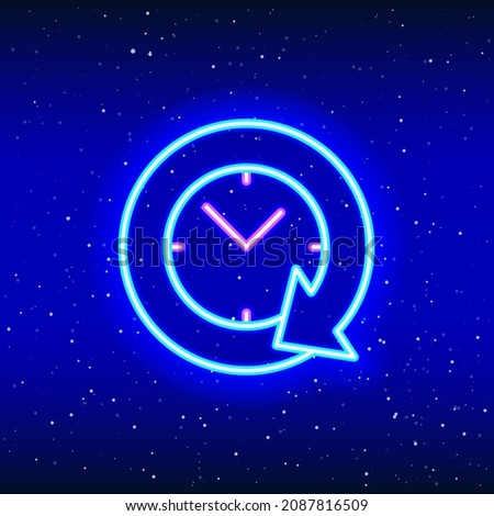 Neon linear design of moving arrow around clock. Neon clock and arrow. Clock on the marker arrow. Time in space with neon. Unique and realistic neon icon. Linear icon on blue background.
