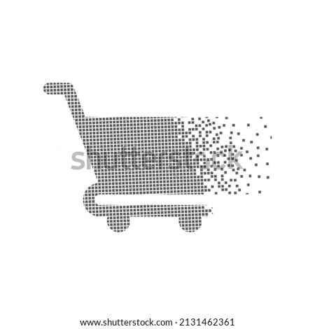 Shopping trolley icon speeding pixel dot. The grocery cart pixel is flat-solid. Dissolved and dispersed moving dot art. Integrative and integrative pixel movement. Modern icon Speed ​​and ports.