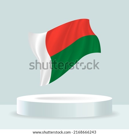 Madagascar flag. 3d rendering of the flag displayed on the stand. Waving flag in modern pastel colors. Flag drawing, shading and color on separate layers, neatly in groups for easy editing.