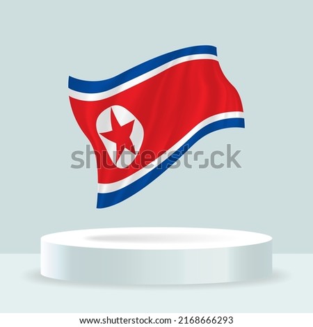 North Korea flag. 3d rendering of the flag displayed on the stand. Waving flag in modern pastel colors. Flag drawing, shading and color on separate layers, neatly in groups for easy editing.