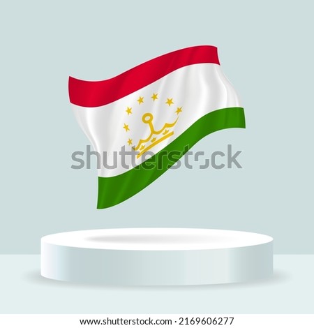 Tajikistan flag. 3d rendering of the flag displayed on the stand. Waving flag in modern pastel colors. Flag drawing, shading and color on separate layers, neatly in groups for easy editing.