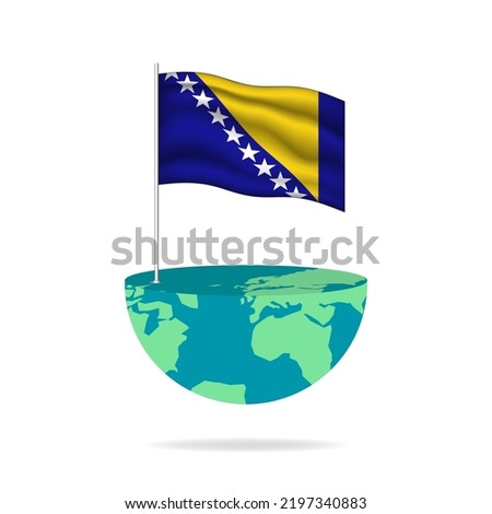 Bosnia and Herzegovina flag pole on globe. Flag waving around the world. Easy editing and vector in groups. National flag vector illustration on white background.