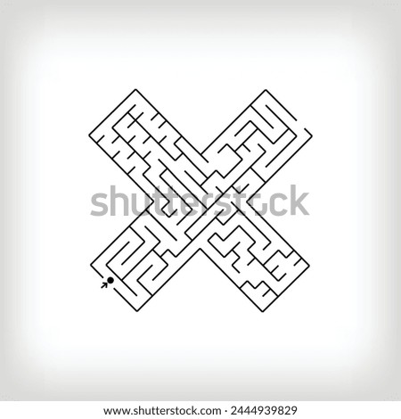 Unique linear letter multiplication sign maze puzzle. Confusing game and educational activity set.
