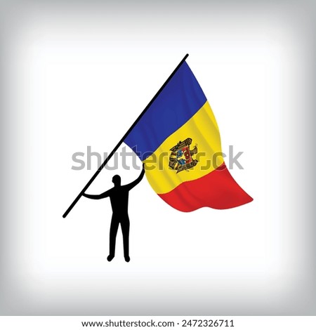 A man holds the flag of MOLDOVA in the air. Vector flag waving. National day realistic flag illustration.